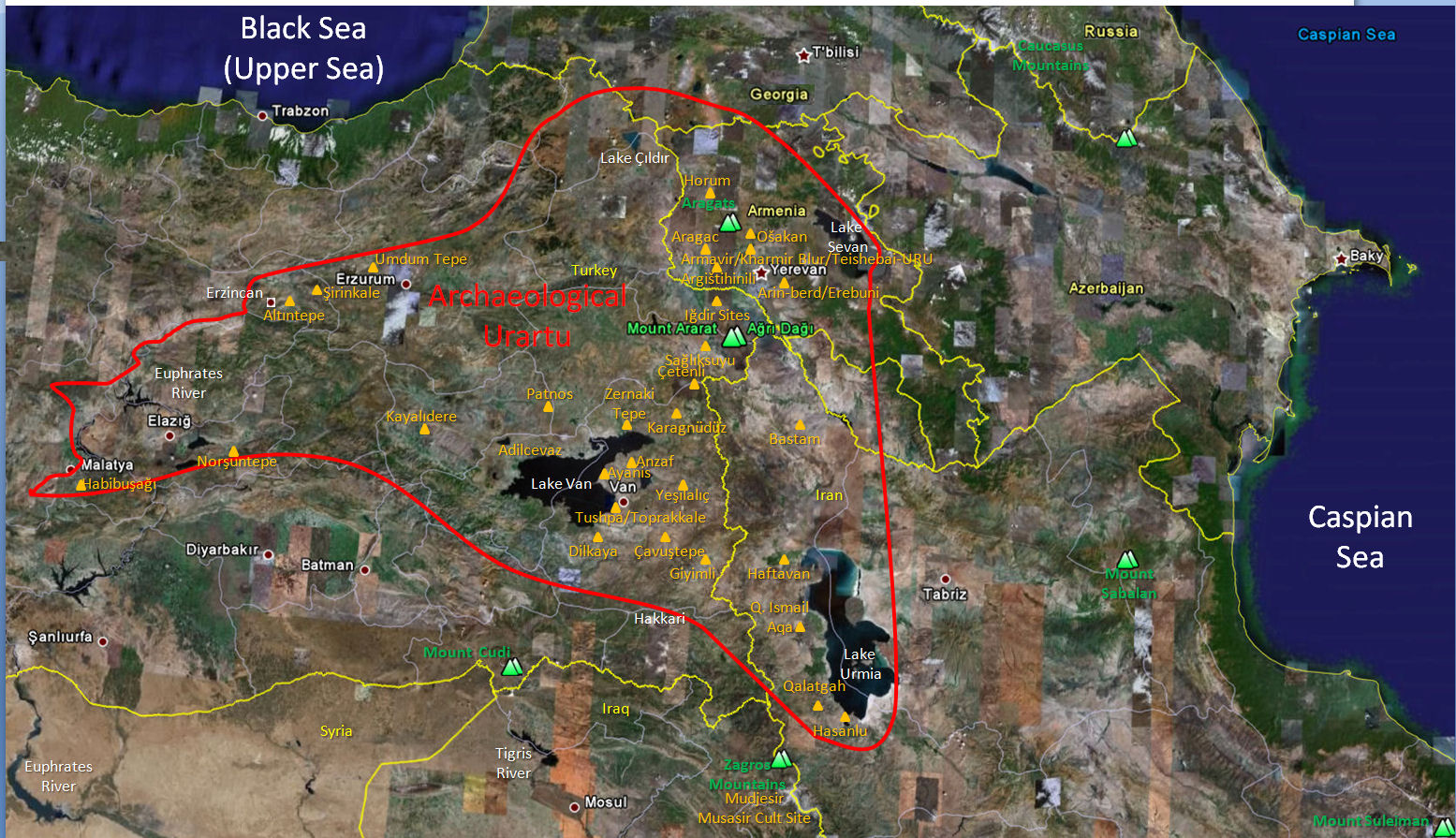 Urartu Archaeological Map Borders (Red) with Urartian Archaeological Sites (Orange)